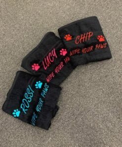3 black towels 3 different colour writing 1