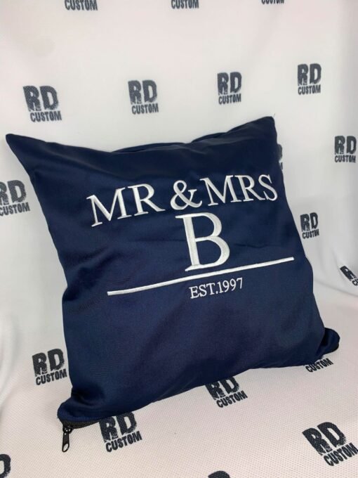 Blue Mr and mrs cushion white writing 1 1