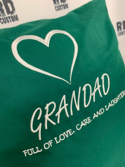 Green grandad full of love care and laughter white writing