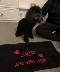 Lucy wipe your paws pink writing black towel example 1