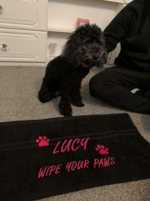 Lucy wipe your paws pink writing black towel example 1