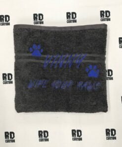 dark grey towel dark blue writing vinny
