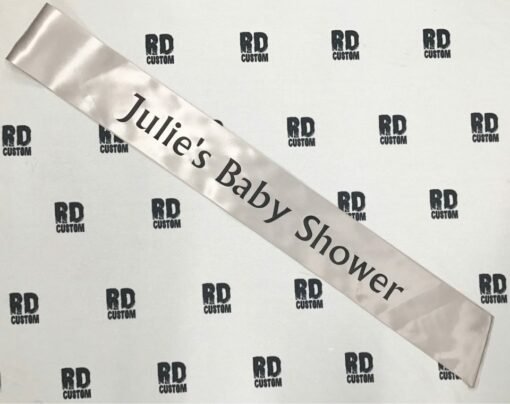 julies baby shower silver with black writing
