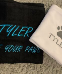 Tyler set light blue writing both black towel