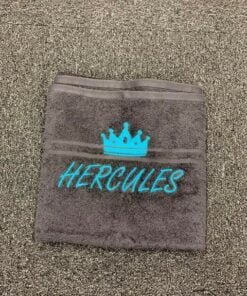 hercules towel blue writing